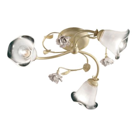 Vintage ceiling lamp 3 or 4 lights in iron, glass and ceramic roses - Siena Viadurini