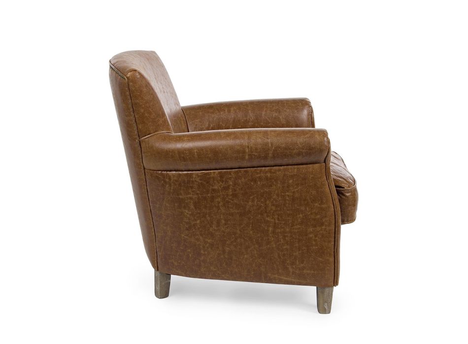 Classic Armchair in Oak Wood and Brown Eco-leather Homemotion - Vegas