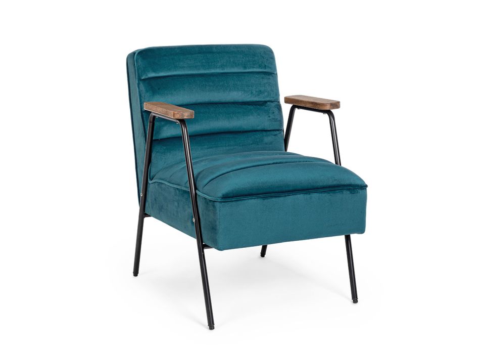 Armchair with Wood and Steel Armrests Velvet Effect Seat - Balencia