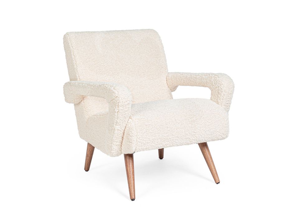 Armchair with Armrests in Rubberwood and Wool Effect Seat - Patrizia