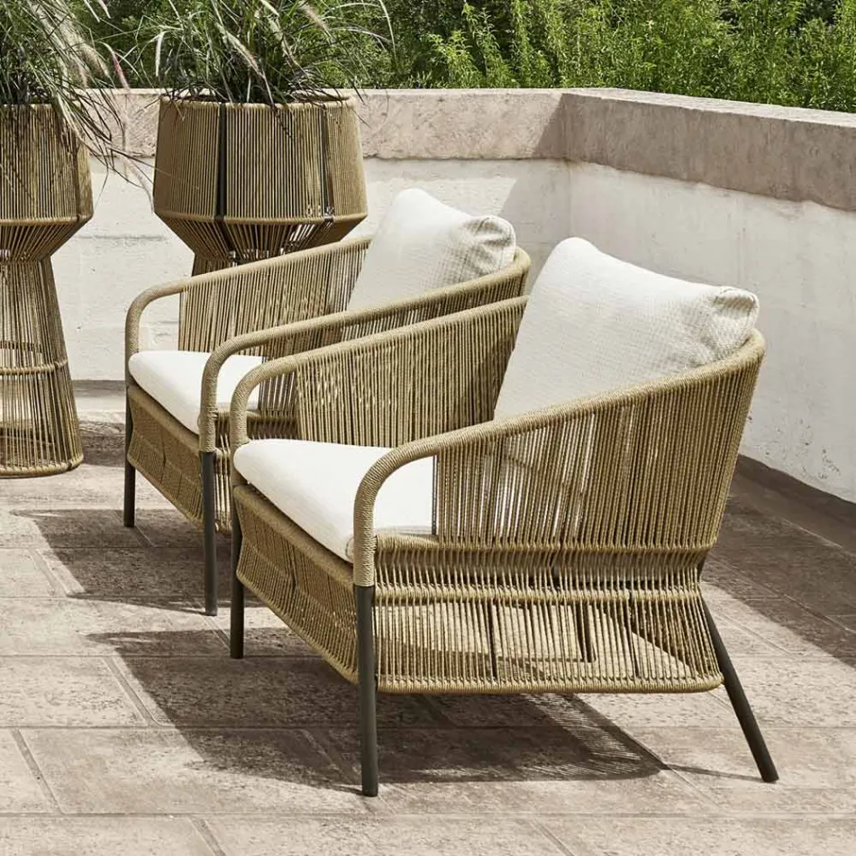 Outdoor Armchair with Woven Seat and Cushions - Cricket by Varaschin Viadurini