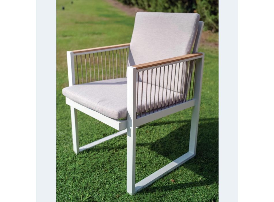 Outdoor Armchair in Aluminum Varnished with Nautical Rope and Teak - Chase Viadurini