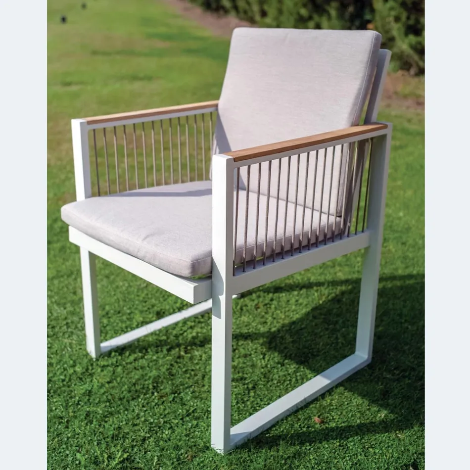 Outdoor Armchair in Aluminum Varnished with Nautical Rope and Teak - Chase Viadurini