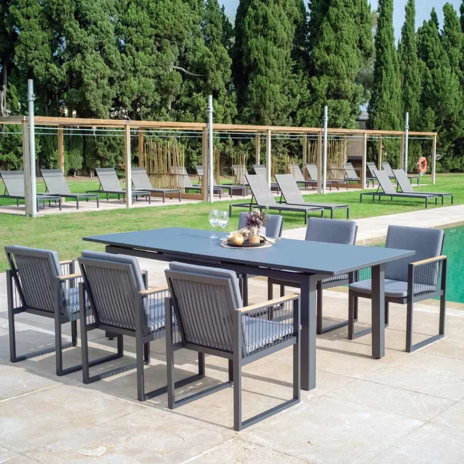 Outdoor Armchair in Aluminum Varnished with Nautical Rope and Teak - Chase Viadurini