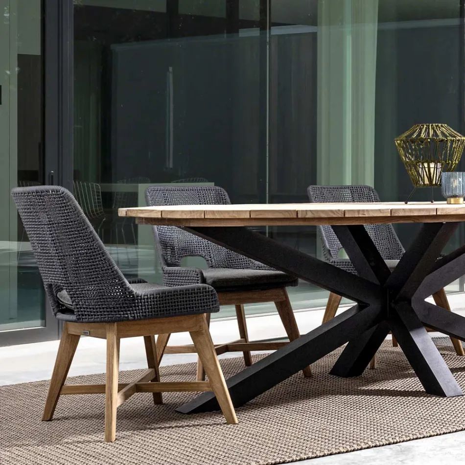 Outdoor Armchair in Wood and Rope with Cushion, Homemotion, 2 Pieces - Oskana Viadurini