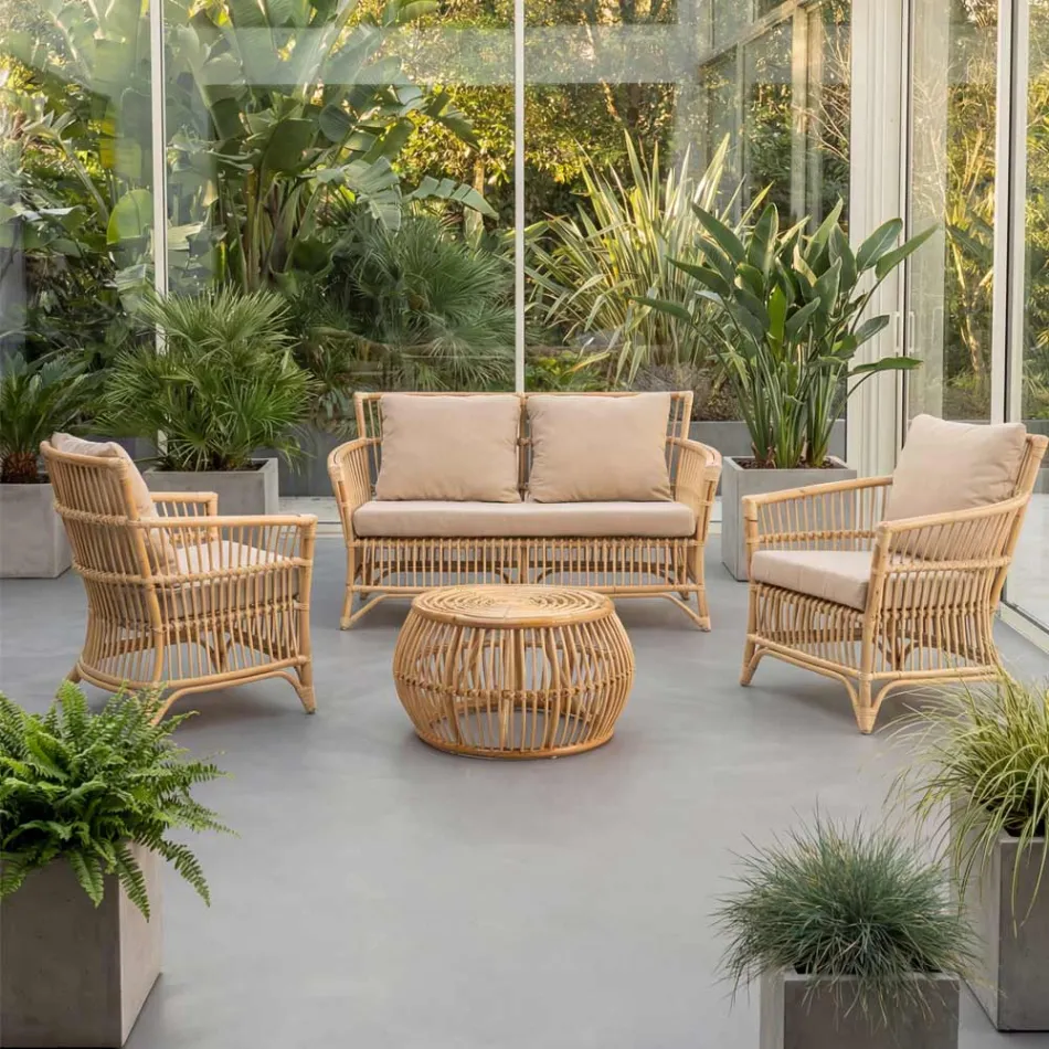 Outdoor Armchair in Natural Rattan Complete with Cushions - Bellaria Viadurini