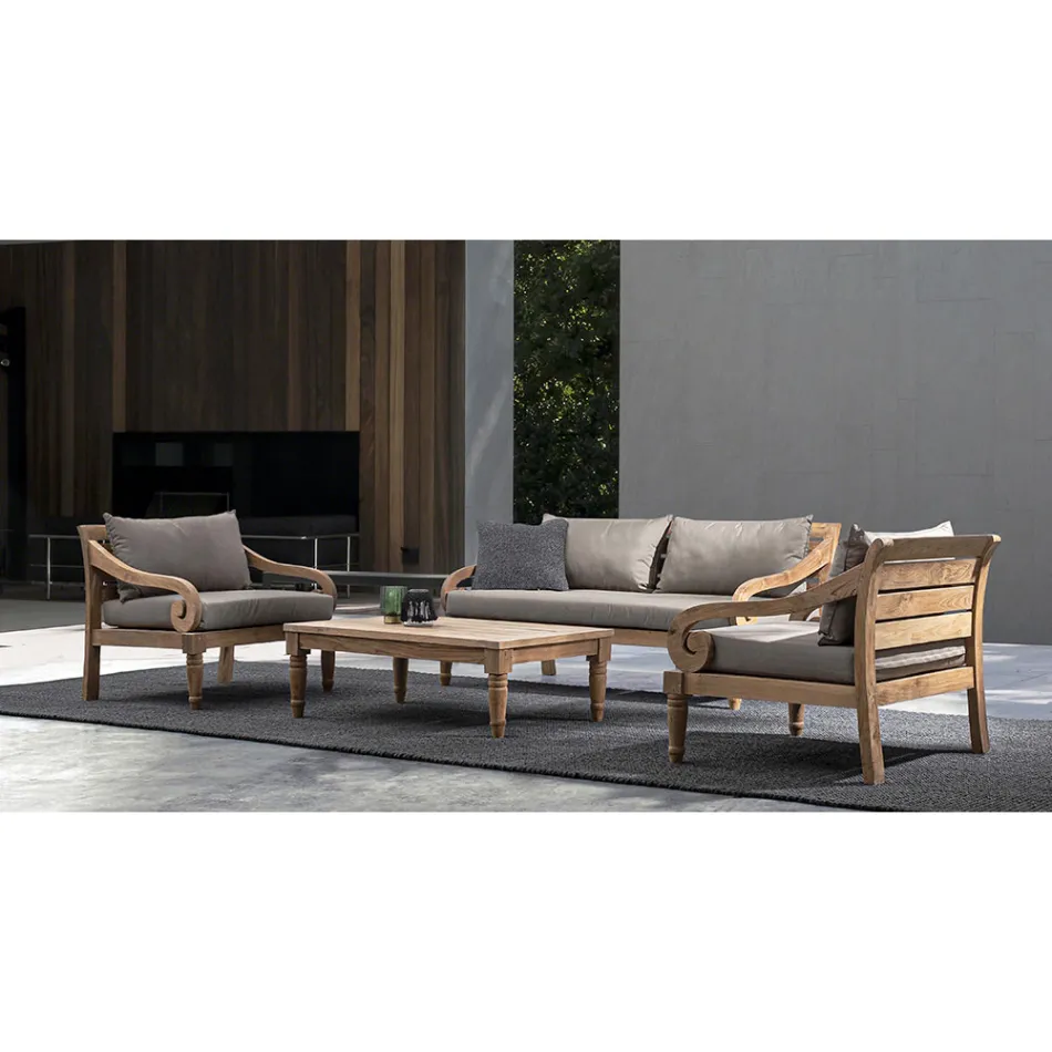 Outdoor Teak Armchair with Fabric Cushions, Homemotion - Tatyana Viadurini