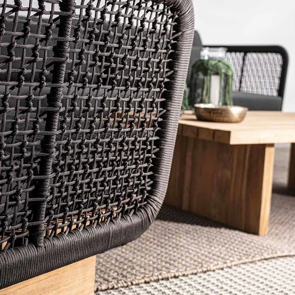 Garden Armchair with Teak Base and Rope Backrest, Homemotion - Chantall Viadurini