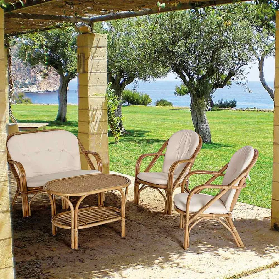 Garden Armchair in Natural Rattan with Removable Cushion - Maurizia Viadurini