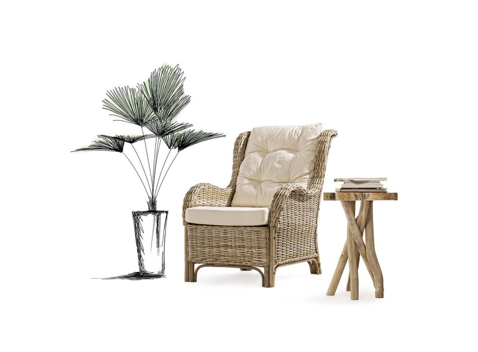 Garden Armchair in Natural Rattan for Outdoors with Cushions - Supreme Viadurini