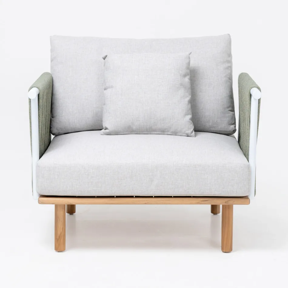 Teak Garden Armchair, Rope Weaving and Cushions - Bellatrix Viadurini