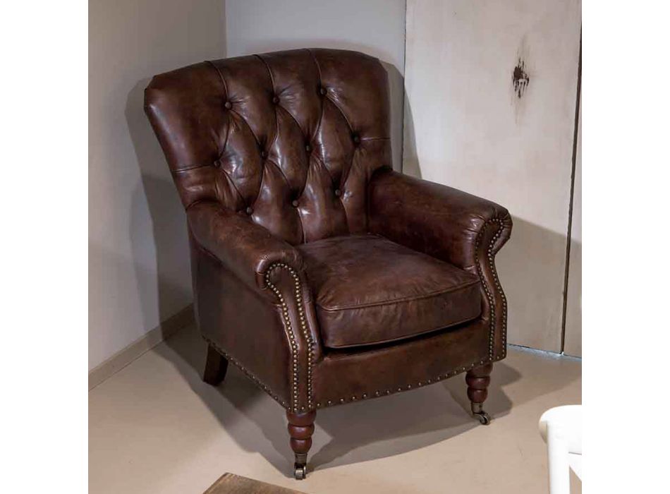 Indoor Armchair Entirely Made in Aged Effect Vintage Leather - Stamp Viadurini