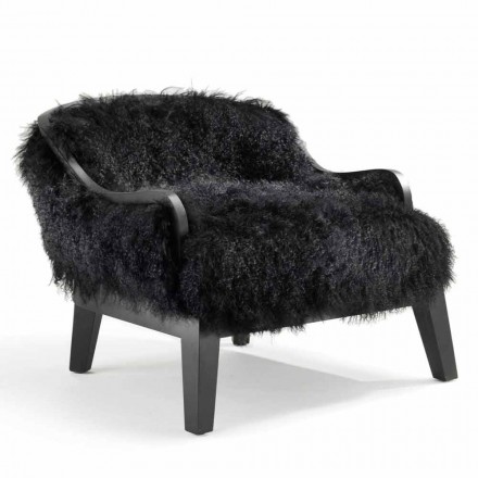 Low armchair in black leather and fur, made in Italy, Eli Viadurini