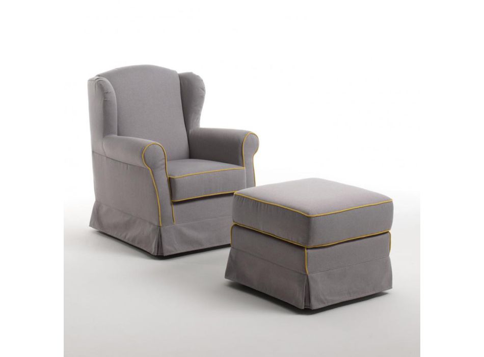 Living Room Armchair with Pouf in Ash Fabric Made in Italy - Ottavia Viadurini