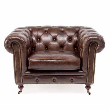 Living Room Armchair in Vintage Leather with Aged Effect with Wheels and Armrests - Stamp Viadurini