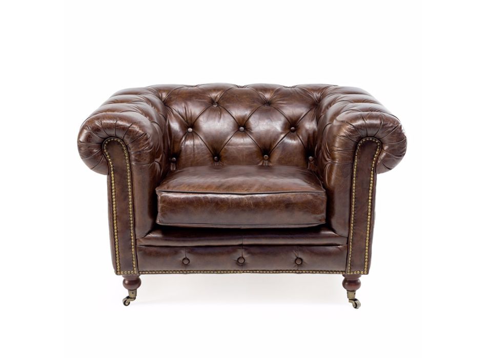 Living Room Armchair in Vintage Leather with Aged Effect with Wheels and Armrests - Stamp Viadurini