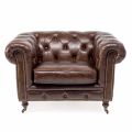 Living Room Armchair in Vintage Leather with Aged Effect with Wheels and Armrests - Stamp
