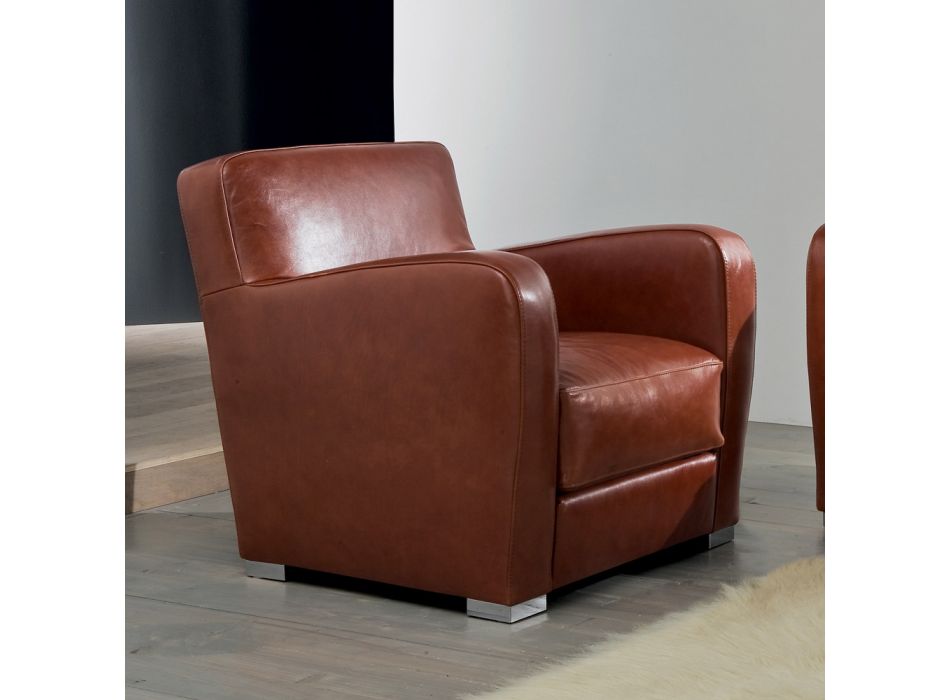 Living Room Armchair in Wood, Leather and Metal Made in Italy - Burlesco Viadurini