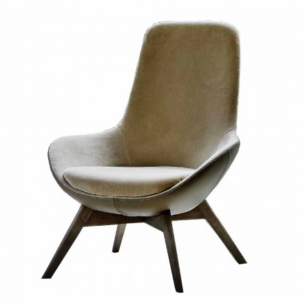 Living Room Armchair in Leather and Fabric with Wooden Base Made in Italy - Ama Viadurini