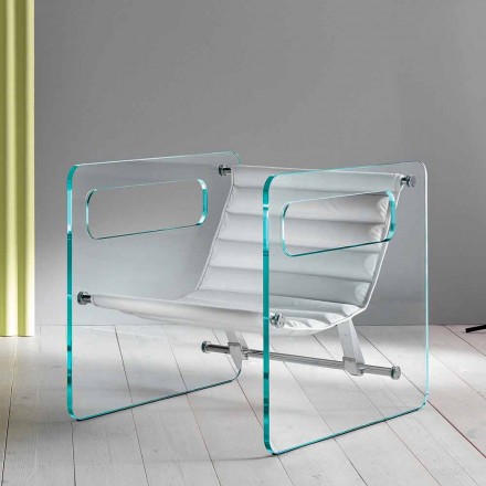 Living Room Armchair in Glass and Seat in White Leather Modern Design - Tecna Viadurini