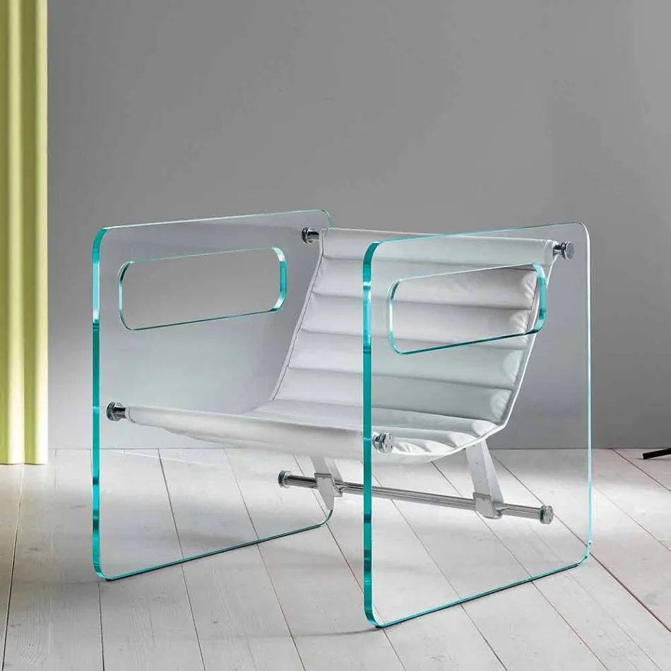 Living Room Armchair in Glass and Seat in White Leather Modern Design - Tecna Viadurini