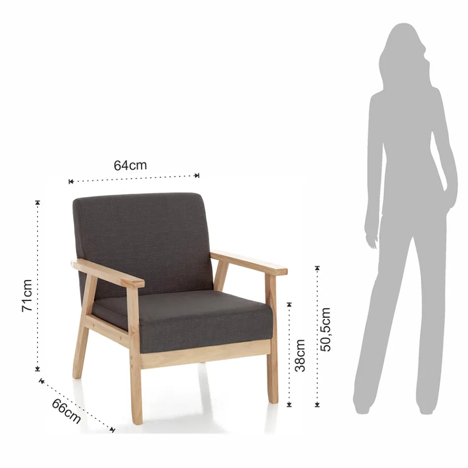 Living Room Armchair in Solid Pine Wood and Dark Gray Fabric - Basilicata Viadurini