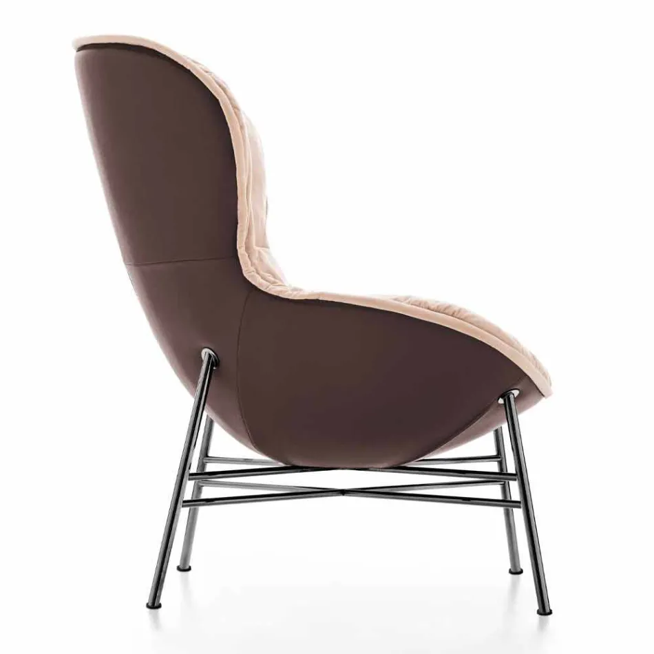 Living Room Armchair in Leather and Fabric with Chromed Base Made in Italy - Litchi Viadurini