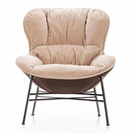 Living Room Armchair in Leather and Fabric with Chromed Base Made in Italy - Litchi Viadurini