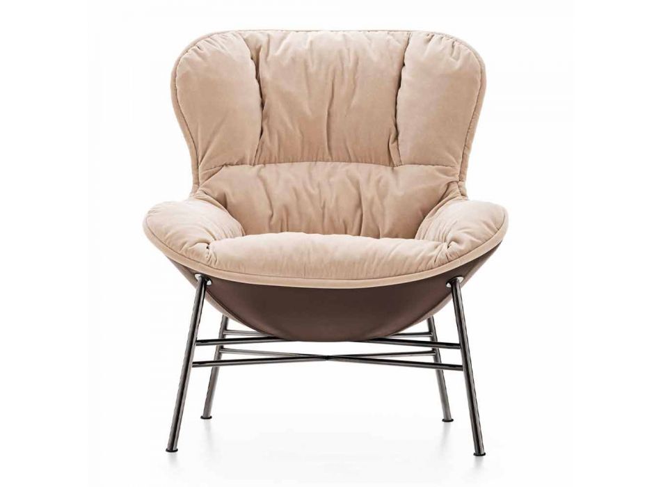 Living Room Armchair in Leather and Fabric with Chromed Base Made in Italy - Litchi Viadurini