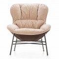 Living Room Armchair in Leather and Fabric with Chromed Base Made in Italy - Litchi