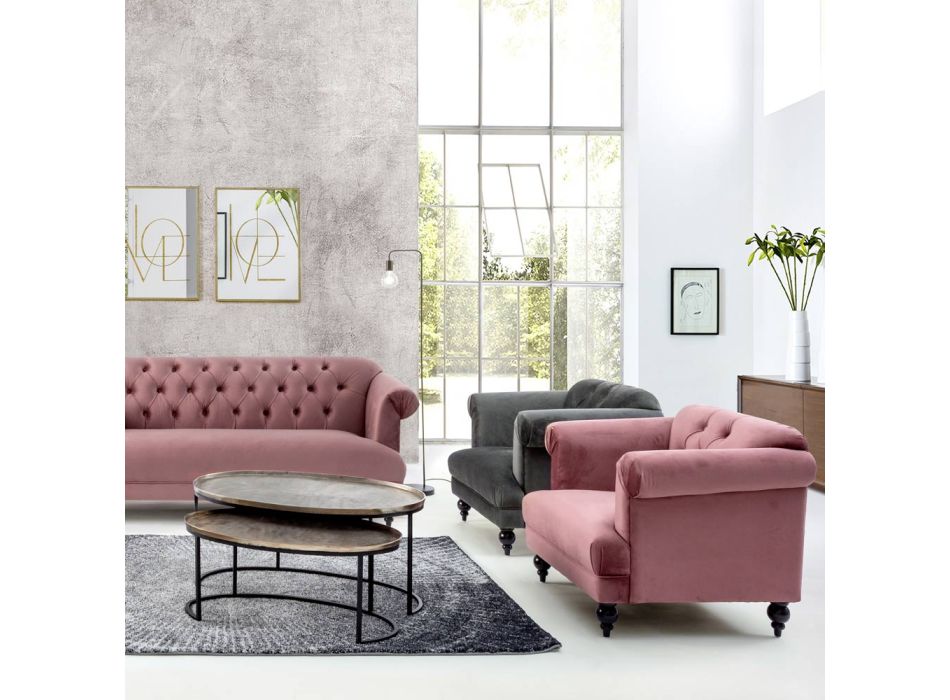 Classic Design Armchair in Wood and Gray or Pink Velvet Effect - Sanny