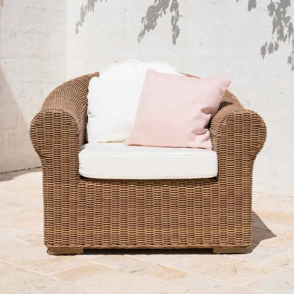 Outdoor Armchair in Woven Synthetic Rattan and White or Ecru Fabric - Yves Viadurini