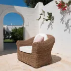 Outdoor Armchair in Woven Synthetic Rattan and White or Ecru Fabric - Yves Viadurini