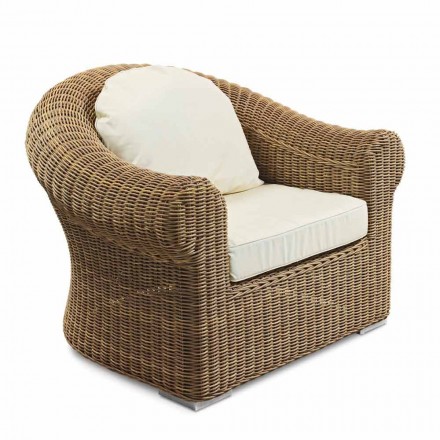 Outdoor Armchair in Woven Synthetic Rattan and White or Ecru Fabric - Yves Viadurini