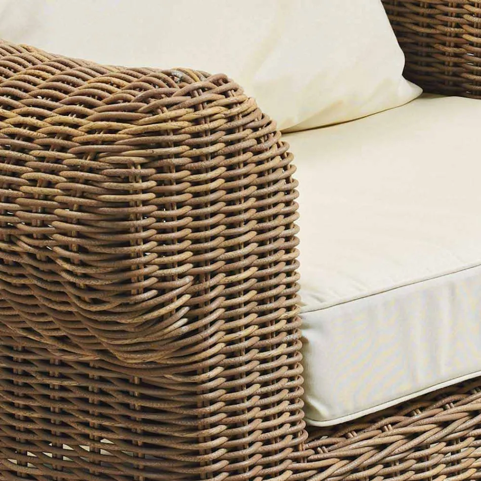 Outdoor Armchair in Woven Synthetic Rattan and White or Ecru Fabric - Yves Viadurini