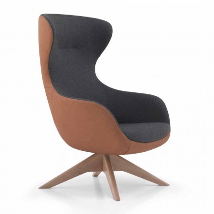Swivel Leather Armchair with Wooden Base Made in Italy - Butterfly Viadurini