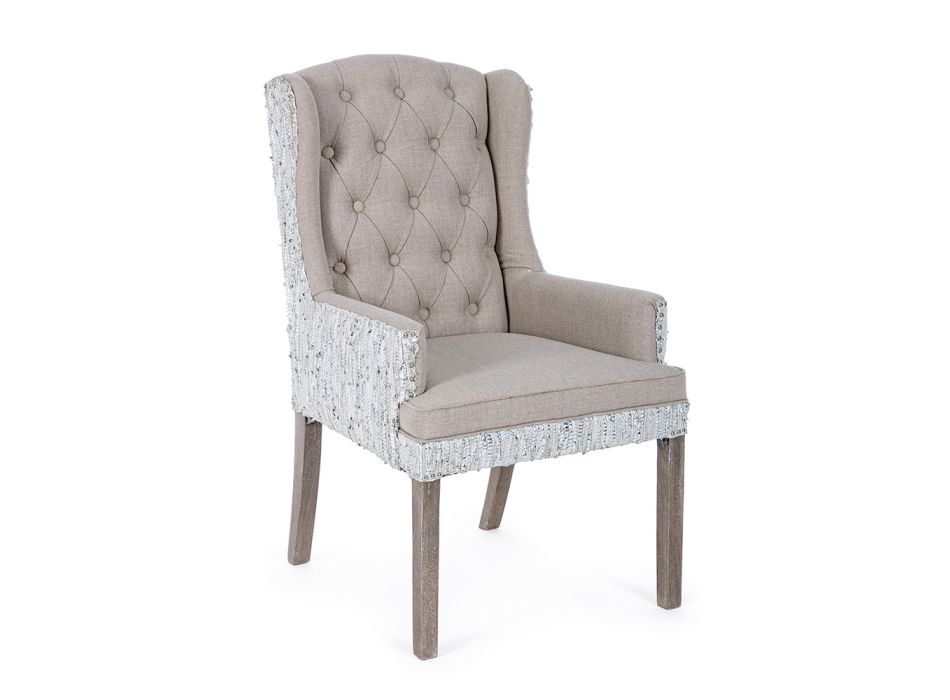 Armchair in Mango Wood, Linen and Leather with Studs Homemotion - Octavia