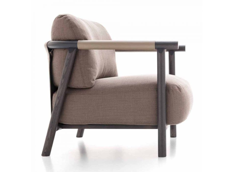 Fabric Armchair with Base in Ash Wood and Leather Made in Italy - Guava Viadurini