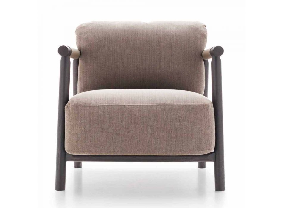 Fabric Armchair with Base in Ash Wood and Leather Made in Italy - Guava Viadurini