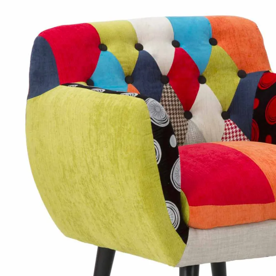 Modern Design Colored Patchwork Armchair in Fabric and Wood - Koria Viadurini