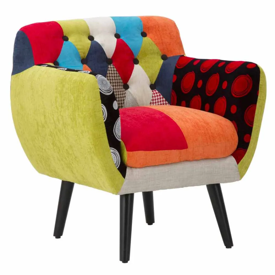 Modern Design Colored Patchwork Armchair in Fabric and Wood - Koria Viadurini