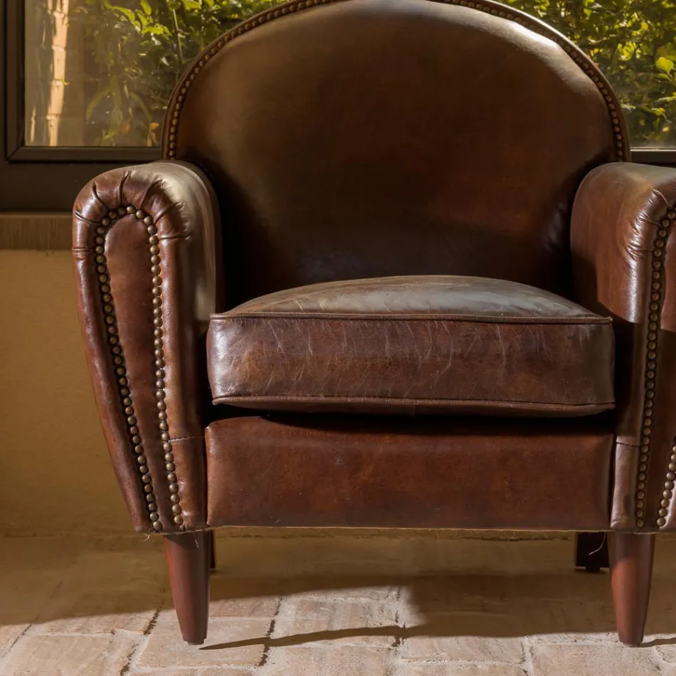 Indoor Armchair in Vintage Leather with Aged Effect Dark Brown - Stamp Viadurini