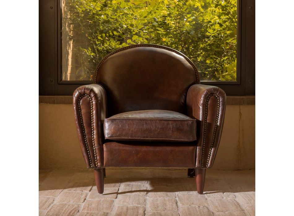 Indoor Armchair in Vintage Leather with Aged Effect Dark Brown - Stamp Viadurini
