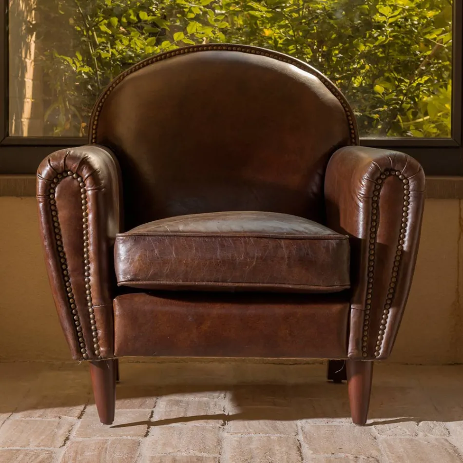 Indoor Armchair in Vintage Leather with Aged Effect Dark Brown - Stamp Viadurini