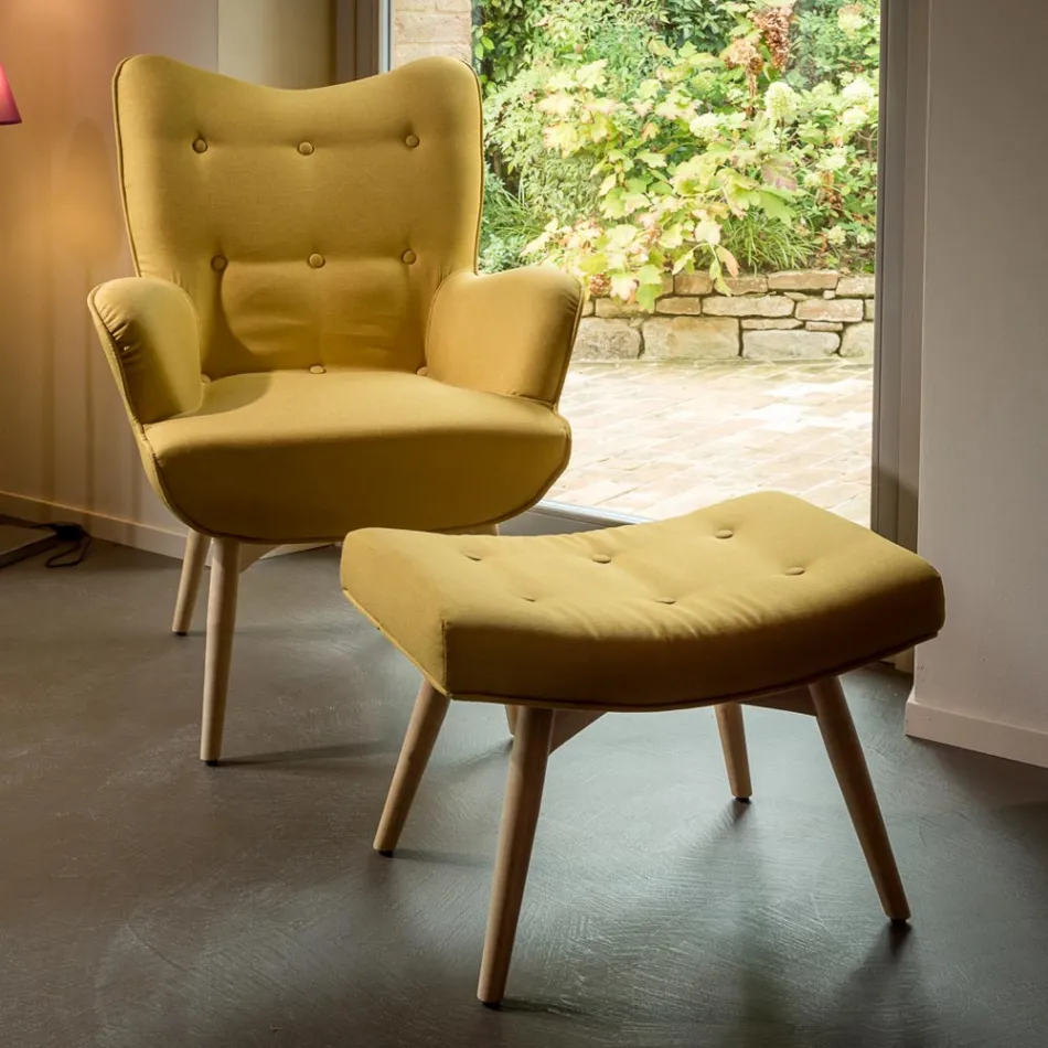 Armchair + pouf in wood and cotton blend fabric - Ailano Viadurini