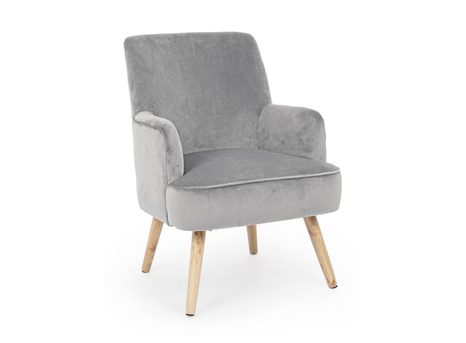 Living Room Armchair in Wood and Velvet Effect Scandinavian Design - Cinzio Viadurini