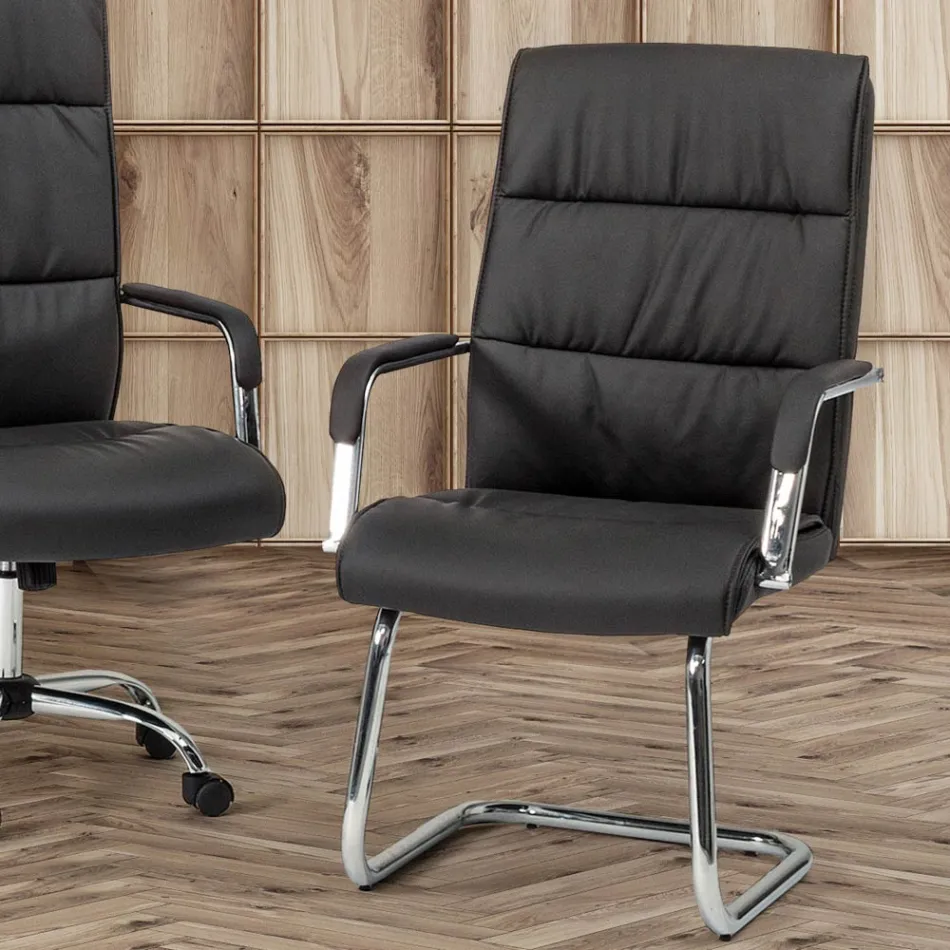 Sled Office Chair Steel and Eco-leather with Armrests 2 Pcs - Monaldo Viadurini
