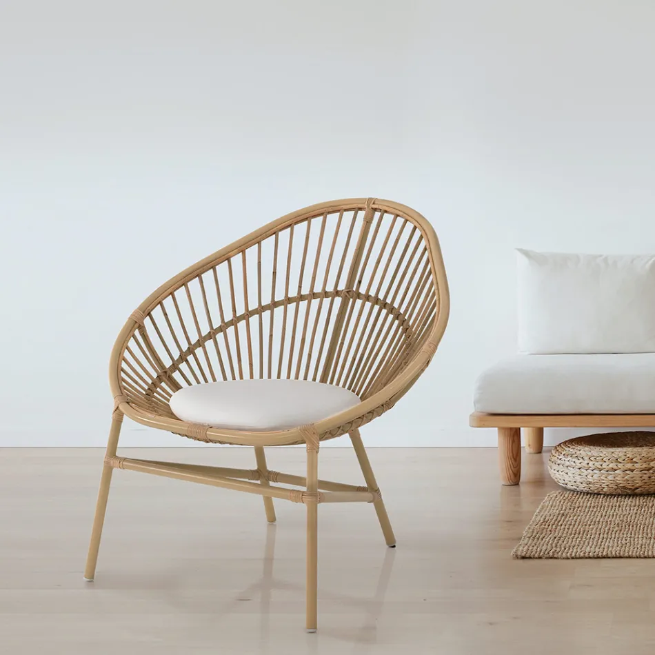 Outdoor and Indoor Armchair in Rattan and Cotton Cushion - Ecrire Viadurini