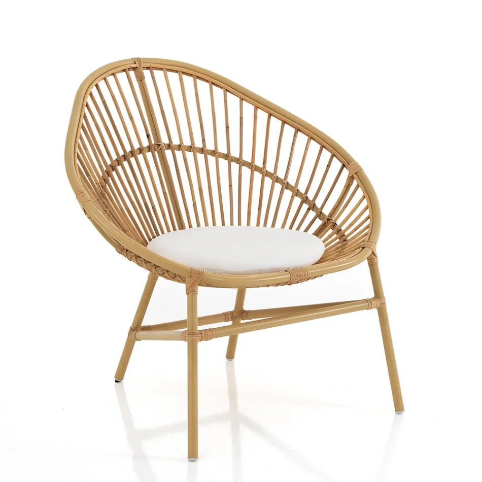 Outdoor and Indoor Armchair in Rattan and Cotton Cushion - Ecrire Viadurini