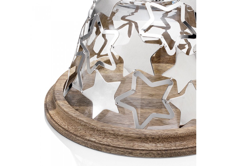 Bell Cake Holder in Wood and Glass with Silver Metal Stars - Ilenia
